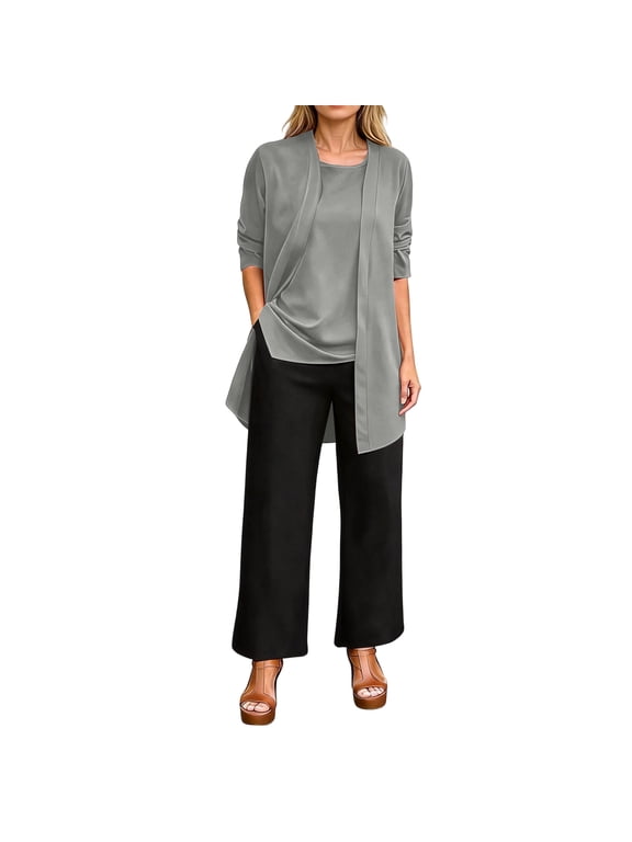 Women 3 Piece Outfits 3/4 Sleeve Cardigan Sleeveless Top Wide Leg Pants Sweatsuit Sets Business Casual Sets,Gray S