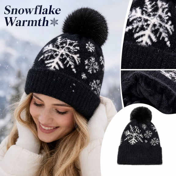 Textilo Women Christmas Snowflake Pom Pom Warm Knit Beanie Hat Soft polyester fabric, for winter daily, outdoor trips and Christmas events.