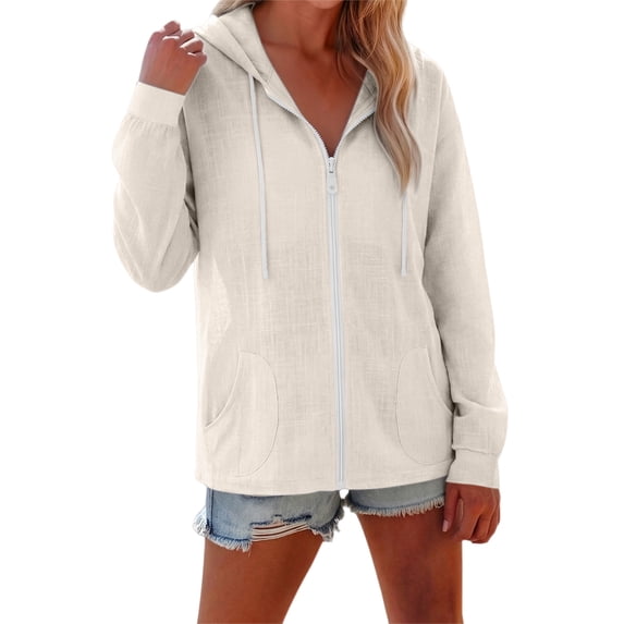 Textilo Women Full Zip Up Hoodie Cotton Linen Long Sleeve Drawstring Hoodie with Pockets Solid Color Hooded Sweatshirt Loose Fit Lightweight Comfy Summer Thin Clothes,Beige M