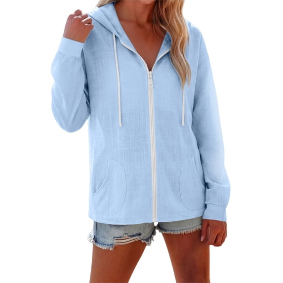 Textilo Women Full Zip Up Hoodie Cotton Linen Long Sleeve Drawstring Hoodies with Pockets Solid Color Hooded Jacket Coat Lightweight Comfy Summer Beach Loose Fit Clothes,Sky Blue XL