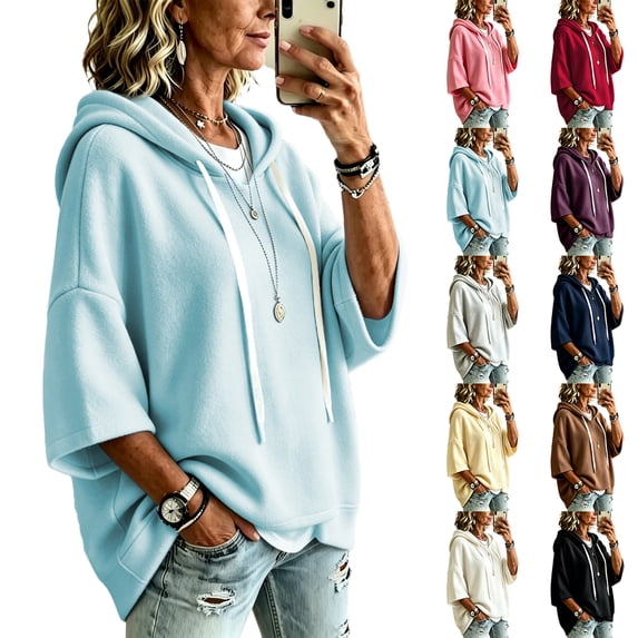Textilo Women Pullover Sweaters 3/4 Batwing Sleeve Drawstring Hoodie Hooded Solid Color Sweatshirts Lightweight Y2k Casual 2026 Fall Winter Clothes,Coffee M