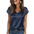 thumbnail image 1 of Textilo Women Silk Satin Tops Cap Short Sleeve V Neck Blouses Solid Color Shirt Summer Business Work Loose Classic Outfits,Navy S, 1 of 6