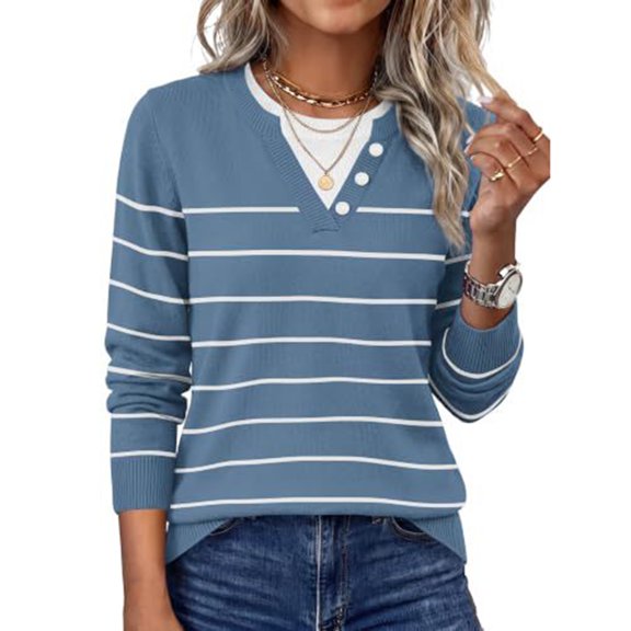 Textilo Women Striped Sweaters 2 In 1 Faux-Layered Crew Neck Long Sleeve Sweatshirt Decorative Buttons Ribbed Knit Tops Lightweight Business Casual Fall Winer Warm Clothing,Royal Blue M