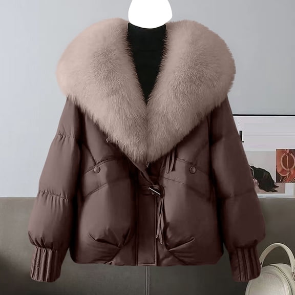 Textilo Women Winter Jacket Warm Short Cotton Padded Tops Loose Fit Big Hair Collar Parkas Casual Down Cotton Jacket Coffee 03