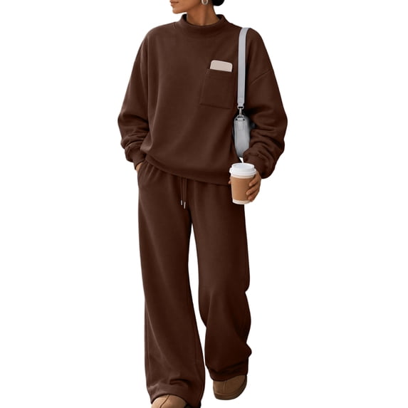 Textilo Women's 2 Piece Sweatsuit Set Long Sleeve Mock Neck Sweatshirt and Wide Leg Drawstring Pants with Pockets Set Lounge Causal Travel Comfy 2026 Fall Winter Outfits,Brown XL
