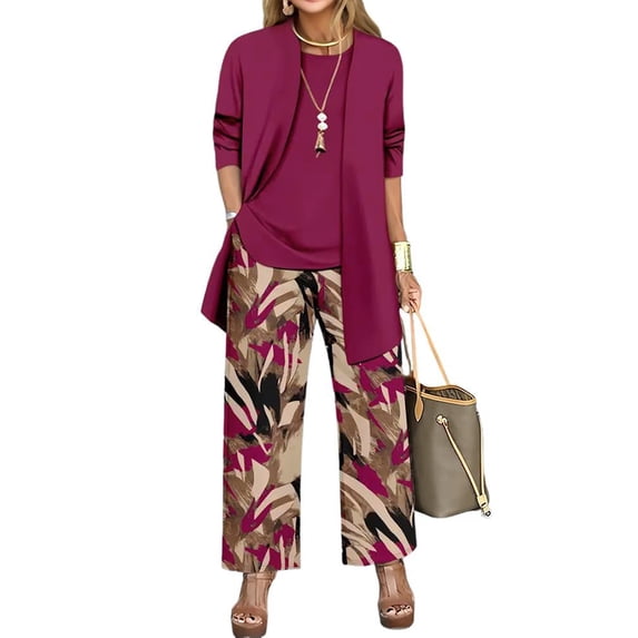 Textilo Women's 3 Pieces Pant Suits Elegant Loose 3/4 Sleeve Cardigan Sleeveless Tank Tops Wide Leg Floral Pants Suits Formal Evening Outfit for Wedding,Hot Pink XL