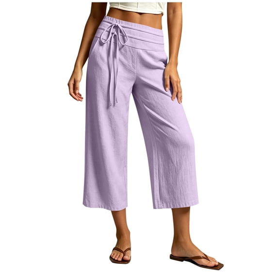 Textilo Women's Capris Elastic High Waisted Wide Leg Cropped Trousers with Pockets Drawstring Pant Flowy 2026 Trendy Summer Beach Comfy Outfits,Light Purple M