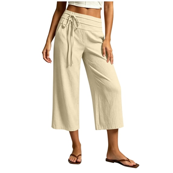 Textilo Women's Capris High Elastic Waist Wide Leg Capris with Pockets Drawstring Pant Casual Lounge Lightweight Summer Beach Outfit,Khaki S