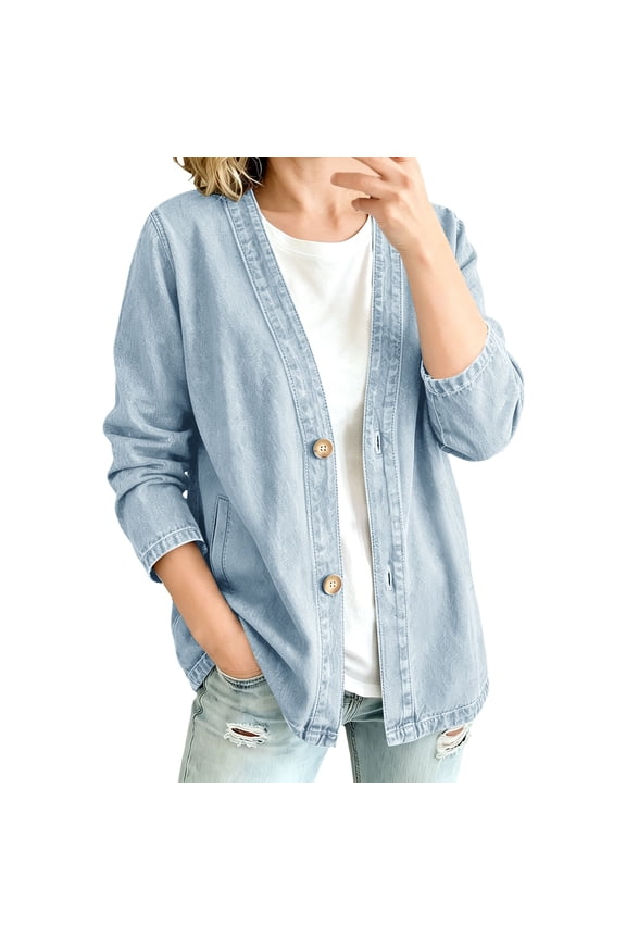 Women's Classic Button Front Denim Jacket Breathable, V-Neck Long-Sleeved Lightweight Jeans Jacket, Relaxed Fit,Light Blue S