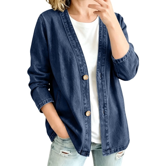 Textilo Women's Classic Button Front Denim Jacket V-Neck Long-Sleeved Jean Coat Relaxed Fit Figure-Flattering Casual Style Wear,Dark Blue M