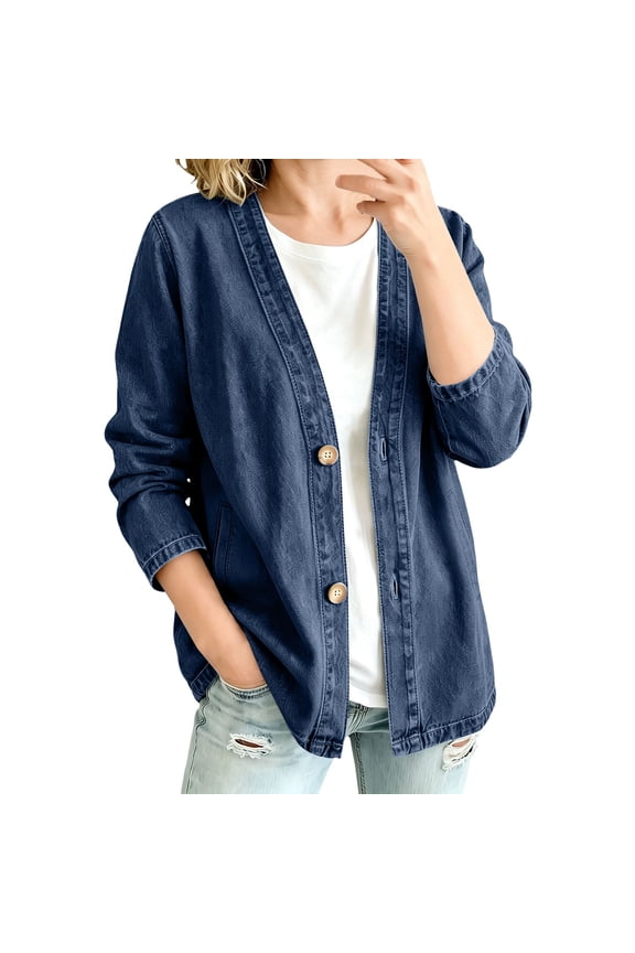 Women's Classic Button Front Denim Jacket V-Neck Long-Sleeved Jean Coat Relaxed Fit Figure-Flattering Casual Style Wear,Dark Blue M