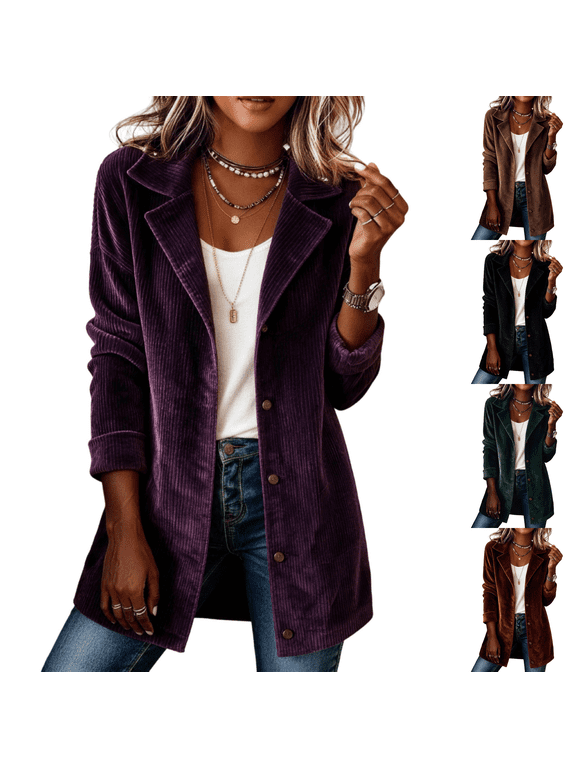 Women's Corduroy Sweater Blazer Ribbed Knit Button Down Cardigan Jackets Lapel Collar Long Sleeve Shacket Loose Fit 2026 Winter Fall Casual Soft Wear,Purple XL