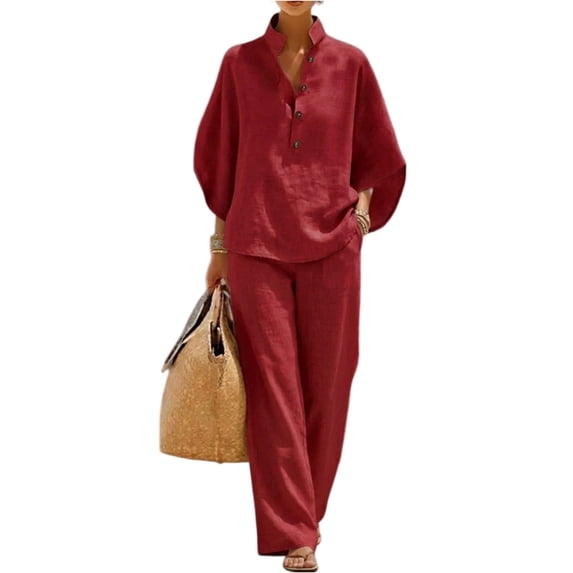 Textilo Women's Cotton Linen 2 Piece Sets Batwing Sleeve Shirt and Wide Leg Pants Outfit Button V Neck Sets Travel Summer Trendy Vacation Loose-Fit Casual Tracksuit,Wine M