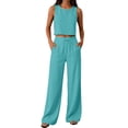 thumbnail image 1 of Textilo Women's Cotton Linen 2 Piece Sets Sleeveless Crew Neck Crop Top Drawstring Wide Leg Pants Elastic High Waisted Outfit Summer Travel Vacation Breathable Loose Walking Activewear,Light Green L, 1 of 6