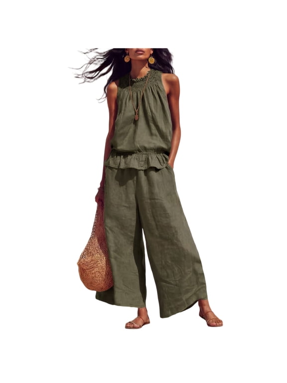 Women's Cotton Linen 2 Piece Sets Sleeveless Ruffle Top and Wide Leg Pants with Pockets Elastic High Waisted Sets Summer Travel Vacation Breathable 2026 Trendy Tracksuit,Camouflage Green L
