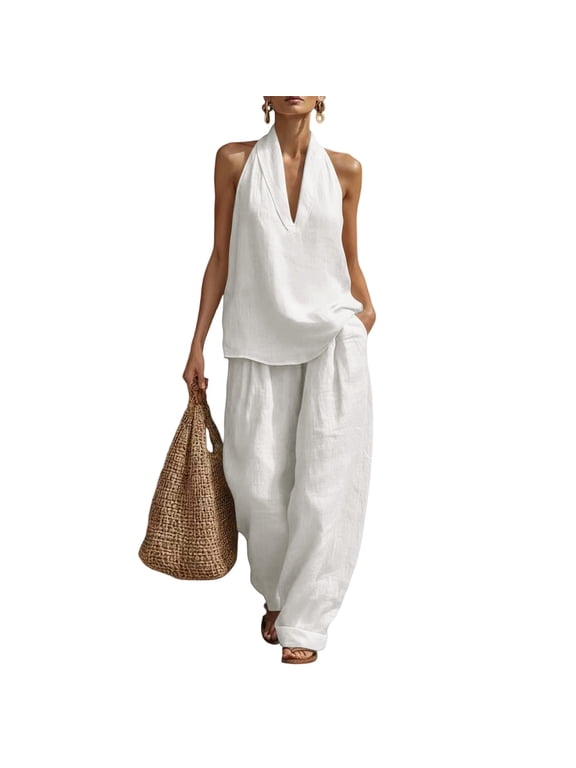 Women's Cotton Linen 2 Piece Sets Sleeveless V Neck Halter Top Matching Baggy Wide Leg Pants Outfit Solid Color Outfits Travel Summer Trendy Vacation Loose-Fit Casual Tracksuit,White M
