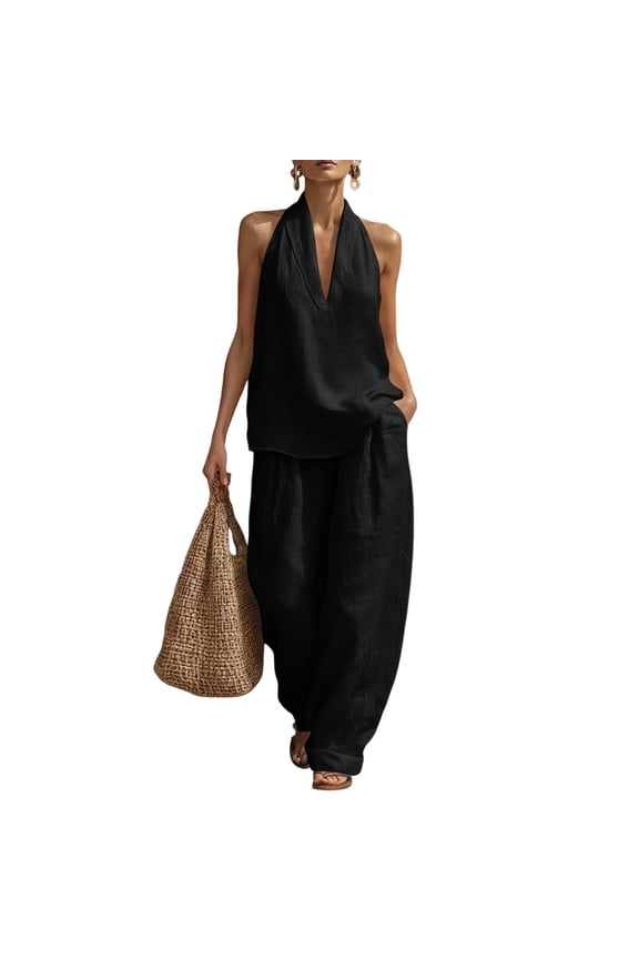 Women's Cotton Linen 2 Piece Sets Sleeveless V Neck Halter Top Matching Baggy Wide Leg Pants Set Solid Color Outfit Travel Summer Trendy Vacation Loose-Fit Casual Outfits Tracksuit,Black M