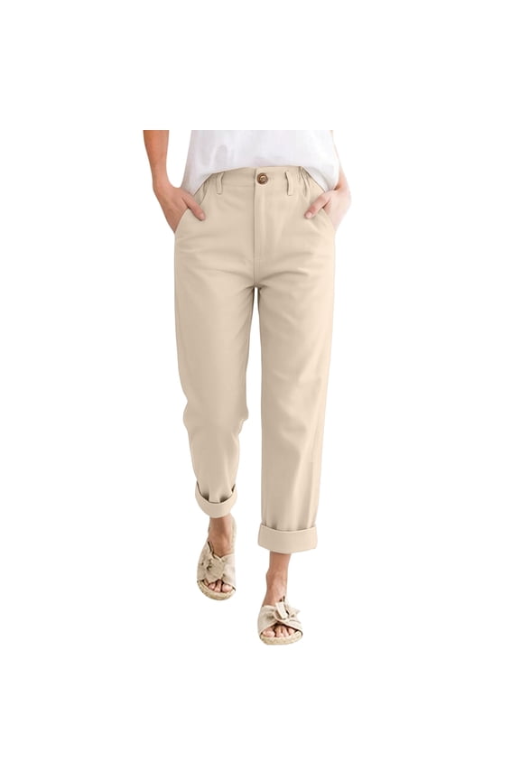 Women's Cotton Linen Dressy Pants Cuffed Cropped Straight Leg Button Pants with Pockets Elastic High Waisted Trousers Loose Fit Summer Vacation Baggy Lounge Outfits,Beige XL