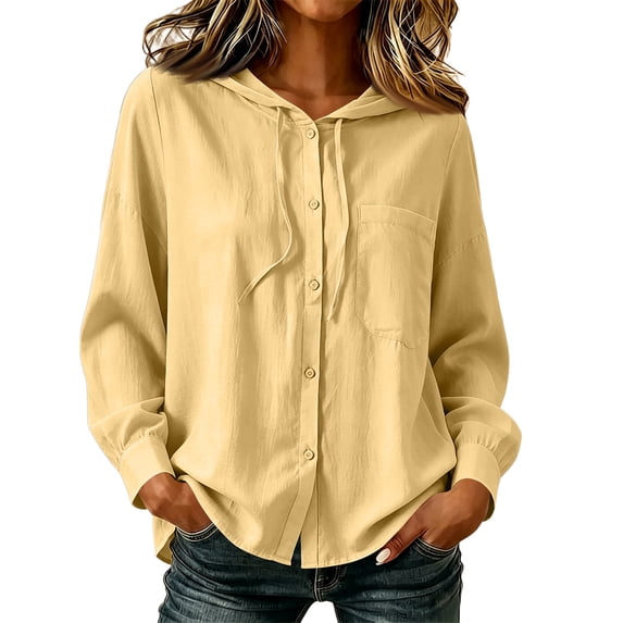 Textilo Women's Cotton Linen Hoodie Long Sleeve Button Down Hooded Gauze Shirts with Pocket Sun Protection Blouses Casual Summer Vacation Beach Lightweight 2026 Tops,Yellow L