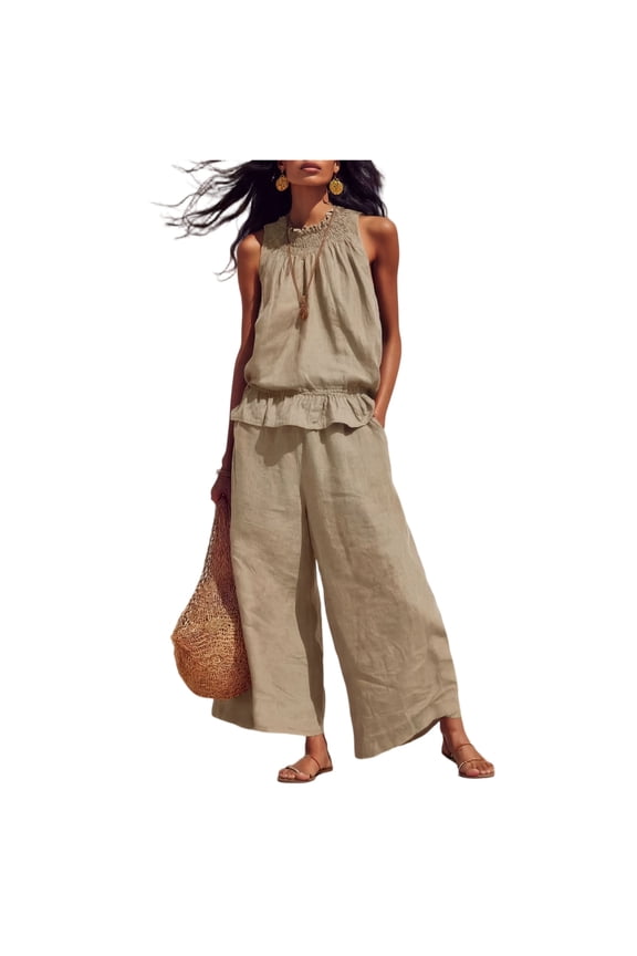 Women's Cotton Linen Two Piece Set Sleeveless Ruffle Top Matching Wide Leg Pants Outfit with Pockets Elastic High Waisted Sets Summer Travel Vacation Breathable 2026 Trendy Activewear,Khaki M