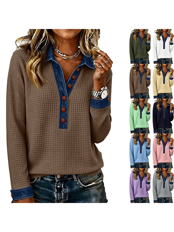 Women's Denim Collar Pullover Sweaters Patchwork Denim Waffle Knit Jean Shirts Long Sleeve Half Button Collared Tshirts Blouses Fall Winter 2026 Loose Fit Casual Retro Clothes,Brown M
