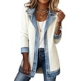 thumbnail image 1 of Textilo Women's Denim Patchwork Knit Sweater Blazer Ribbed Knit Button Down Jacket Lapel Collar Long Sleeve Denim Spliced Coat Soft Loose Fit 2026 Winter Fall Casual Outerwear,White XL, 1 of 5