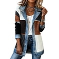 thumbnail image 1 of Textilo Women's Denim Patchwork Knit Sweater Blazer Ribbed Knit Button Down Jackets Lapel Collar Long Sleeve Denim Spliced Shacket Office 2026 Winter Fall Soft Loose Fit Wear,Dark Gray L, 1 of 5