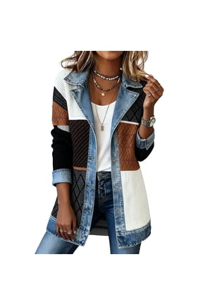 Women's Denim Patchwork Knit Sweater Blazer Ribbed Knit Button Down Jackets Lapel Collar Long Sleeve Denim Spliced Shacket Office 2026 Winter Fall Soft Loose Fit Wear,Dark Gray L