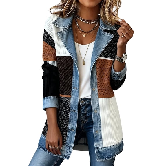 Textilo Women's Denim Patchwork Knit Sweater Blazer Ribbed Knit Button Down Jackets Lapel Collar Long Sleeve Denim Spliced Shacket Office 2026 Winter Fall Soft Loose Fit Wear,Dark Gray L