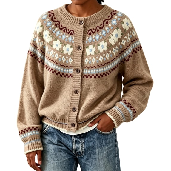 Textilo Women's Fair Isle Cardigan Sweaters Long Sleeve Crew Neck Button Up Sweater Ribbed Knit Geometric Pattern Coats Lightweight Soft Cozy Y2k Fall Winter Outerwear,Camel XL