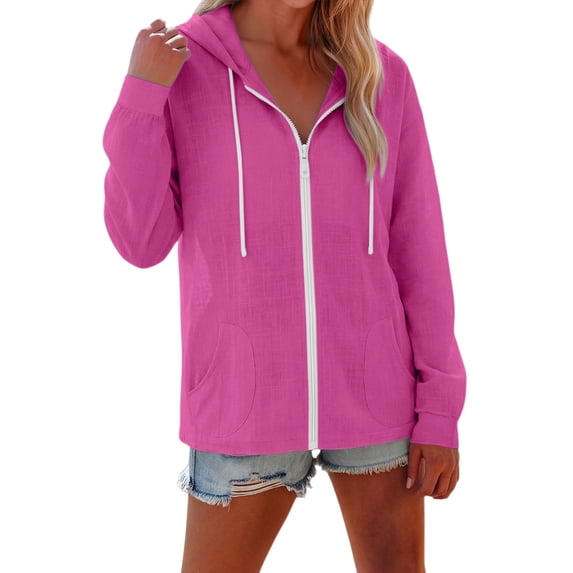 Textilo Women's Full Zip Up Hoodie Cotton Linen Long Sleeve Drawstring Hoodie with Pockets Solid Color Hooded Sweatshirt Comfy Summer Thin Casual Lightweight Clothes,Hot Pink 2XL