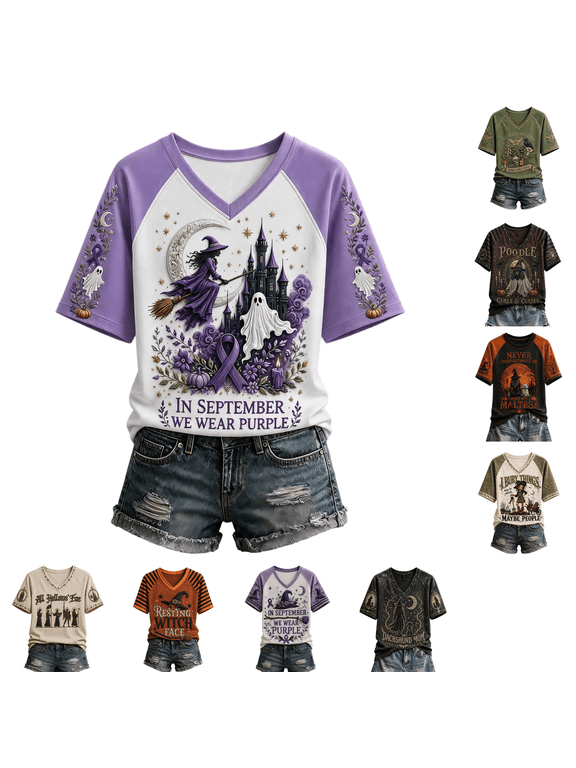 Women's Halloween Print T-Shirt Raglan Short Sleeve V-Neck Shirt Witch Graphic Tshirts Comfort Funny Spooky Season Vintage Tops