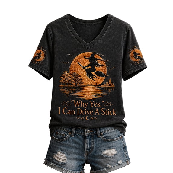 Textilo Women's Halloween Print T-Shirt Short Sleeve V-Neck Shirts Witch Graphic Tshirts Vintage Comfort Funny Spooky Season Tee,Saffron XL