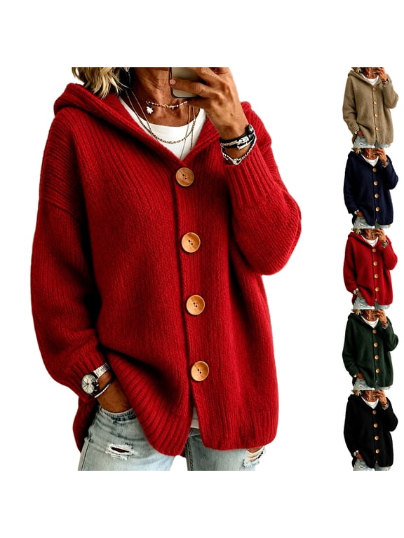 Women's Hooded Cardigan Fuzzy Knitted Long Sleeve Button Down Sweater Jacket Solid Color Hoodies Casual Loose Fit Thermal 2026 Fall Winter Outerwear,Camel L
