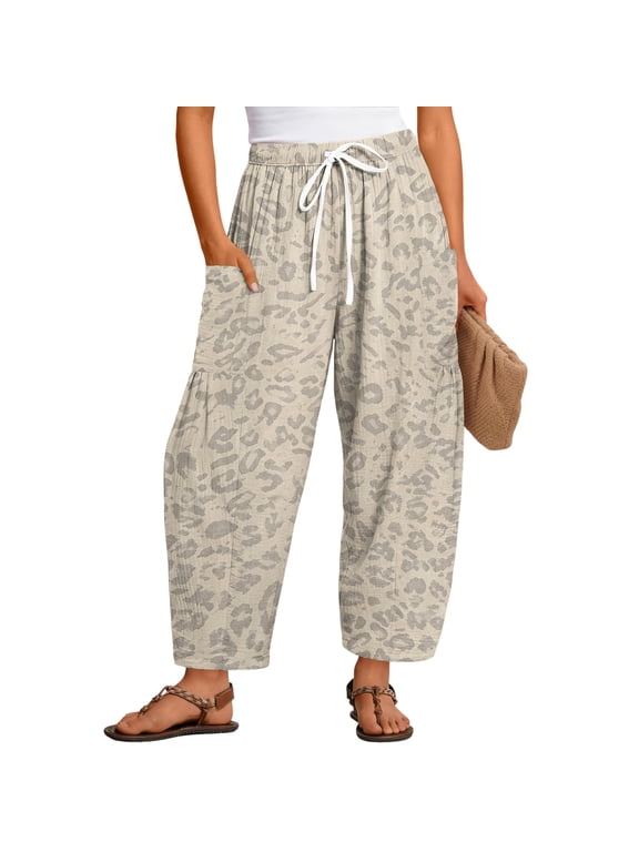 Women's Leopard Pants Wide Leg Cheetah Print Pants with Side Pockets Drawstring Elastic Waist Trouser Baggy Comfy Casual Lounge Fall Winter Slacks