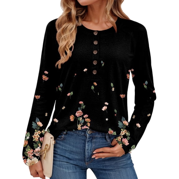 Textilo Women's Long Sleeve Shirts Casual Crew Neck Button Top Loose Fit Henley Shirts Holiday Floral Printed Spring Fashin Pullover