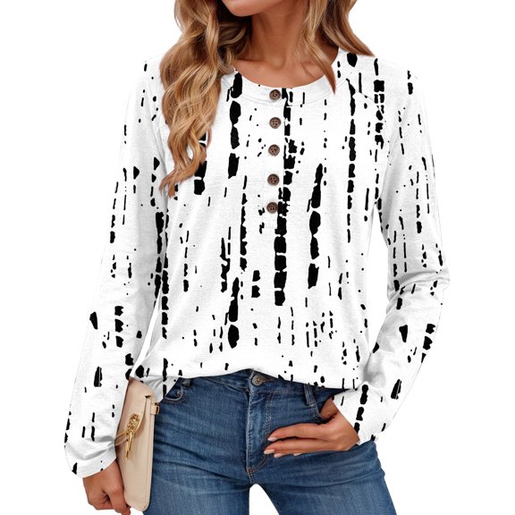 Textilo Women's Long Sleeve Shirts Casual Crew Neck Button Top Loose Fit Henley Shirts Work Floral Printed Fall Fashin Pullover