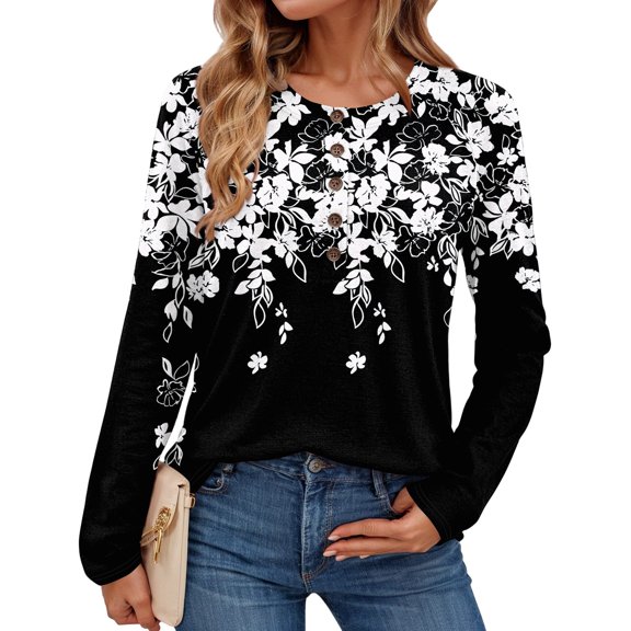 Textilo Women's Long Sleeve Shirts Lounge Crew Neck Button Tops Loose Fit Henley Shirts Holiday Floral Printed Fall Fashin Dressy