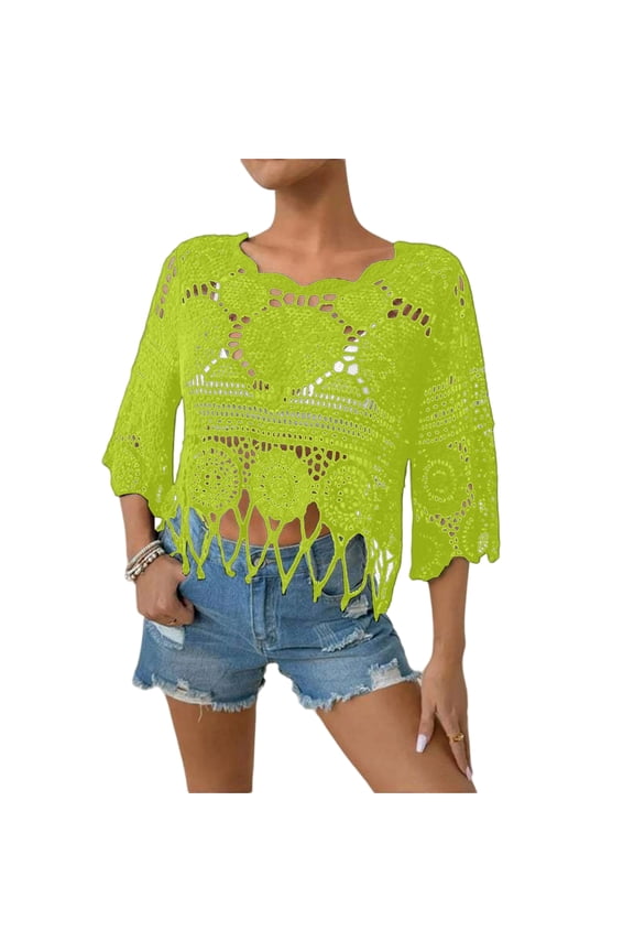 Women's Plain Fringe Trim Cut out Sheer Cover Up, Boho Scallop Trim 3/4 Sleeve Round Neck Cover Up, For Beach Vacation,Fluorescent Green M