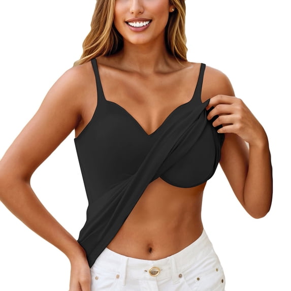 Textilo Women's Plus Size Tank Tops with Built In Bras V Neck Spaghetti Strap Camisole Sleeveless Cami Shirts Comfy Lightweight Loose Fit Flowy Casual Tunic Tees,Black 2XL