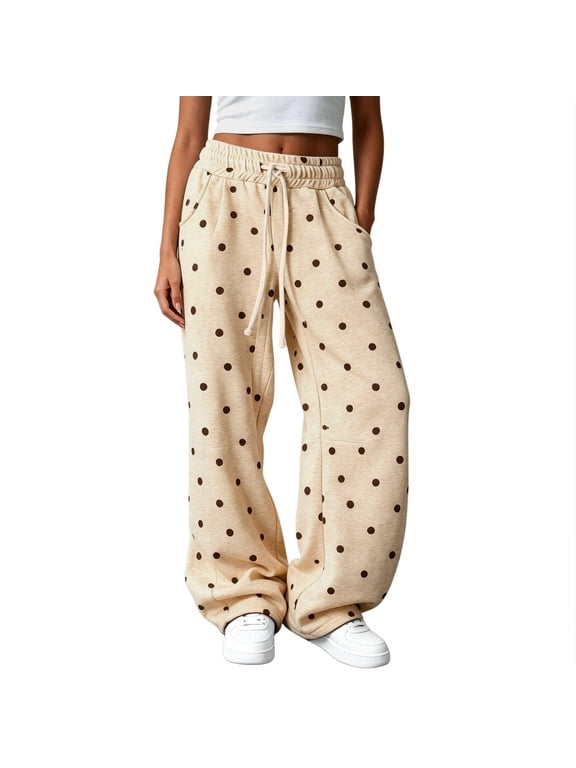 Women's Polka Dot Wide Leg Pants Elastic High Waisted Drawstring Pants with Pockets Trouser Casual Y2k Baggy Loose Fit Clothes,Earthy Yellow M