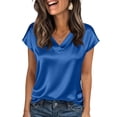 thumbnail image 1 of Textilo Women's Silk Satin Blouses Cap Short Sleeve V Neck Blouse Solid Color T Shirts Comfortable Soft Summer Work Classic Pullover Tops,Royal Blue M, 1 of 6