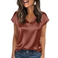 thumbnail image 1 of Textilo Women's Silk Satin Dressy Casual Tops Cap Short Sleeve V Neck Blouse Solid Color T Shirts Comfortable Soft Summer Work Classic Pullover Tops,Coffee M, 1 of 6