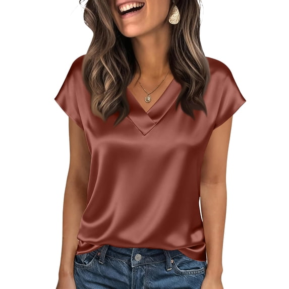 Textilo Women's Silk Satin Dressy Casual Tops Cap Short Sleeve V Neck Blouse Solid Color T Shirts Comfortable Soft Summer Work Classic Pullover Tops,Coffee M