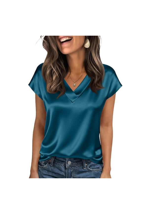 Women's Silk Satin Dressy Casual Tops Cap Short Sleeve V Neck Blouses Solid Color T-Shirts Comfortable Soft Summer Work Classic Top,Royal Blue L