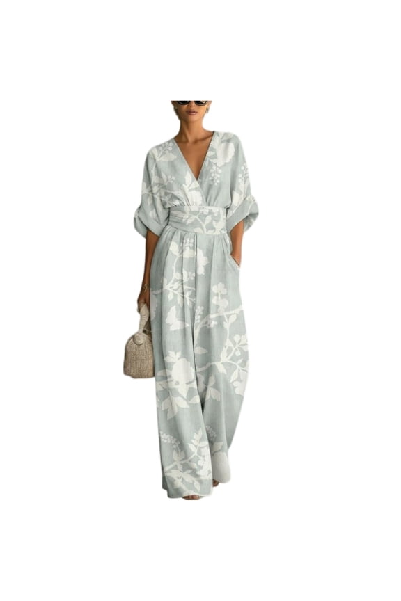 Women's Summer One Piece Jumpsuits 3/4 Sleeve Deep V Neck One Piece Overalls with Pockets Wide Leg Rompers Jumpers Dressy Casual 2026 Fashion Summer Vacation Loose-Fit Outfits,Mint Green XL