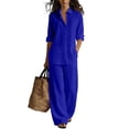 thumbnail image 1 of Textilo Women's Two Piece Outfit Cotton Linen Button Up Long Sleeve Shirt and Pants Set with Pockets Wide Leg Elastic Waist Set Summer Travel Vacation Breathable Loose Walking Wear,Royal Blue XL, 1 of 4