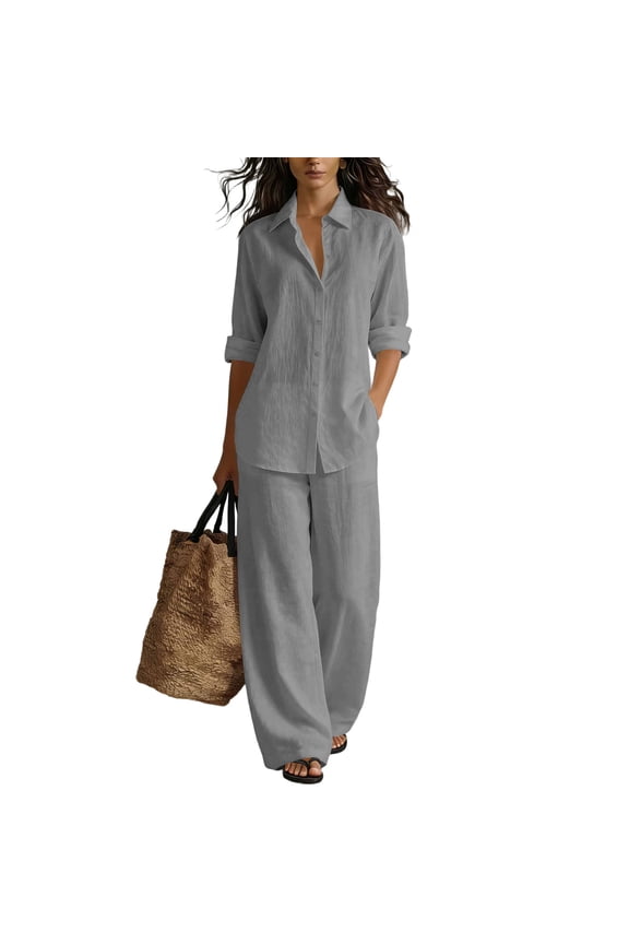 Women's Two Piece Set Cotton Linen Button Up Long Sleeve Shirt and Pants Set with Pockets Wide Leg Elastic Waist Outfit Cozy Loose-Fit Breathable Summer Travel Casual Activewear,Light Gray L