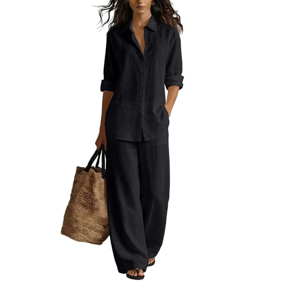 Textilo Women's Two Piece Set Cotton Linen Button Down Long Sleeve Shirt and Pants Set with Pockets Wide Leg Elastic Waist Sets Summer Travel Vacation Breathable Loose Walking Tracksuit,Black XL