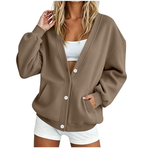 Textilo Women's V Neck Button Down Sweatshirt Jacket Long Sleeve Cardigan Sweatshirt with Pockets Solid Color Jackets 2026 Y2k Casual Fall Spring Comfy Clothes,Brown S